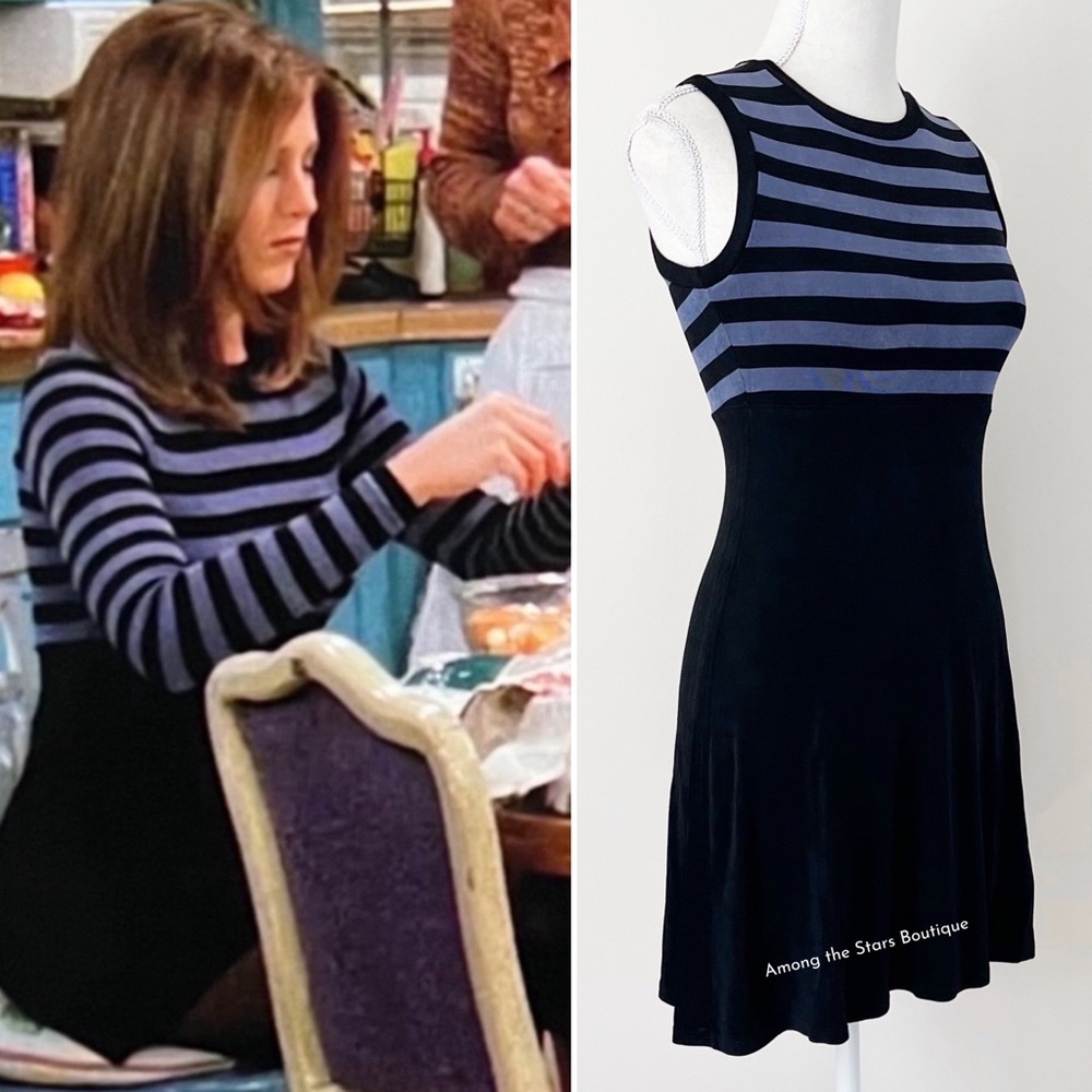 FLAWED GEM Rare Vintage 90s Jersey Knit Striped Dress Alt. ASO Rachel in Friends - Picture 4 of 14